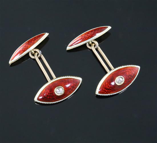 A pair of early 20th century 15ct, red and white enamel and diamond set navette shaped cufflinks.